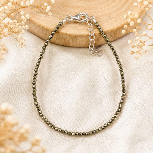 Bracelet facetté 2mm en Pyrite fermoir argent (abondance / confiance) minerama