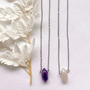 Collier acier inoxydable pointe bi-terminée Améthyste ou Quartz rose