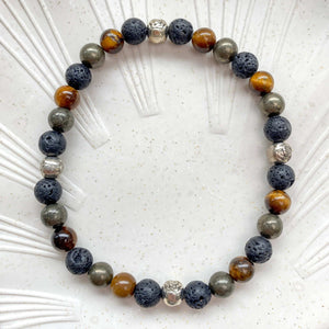 Bracelet Oeil de tigre, Pyrite, Pierre de Lave, Charms 6mm  (protection / dynamisme)