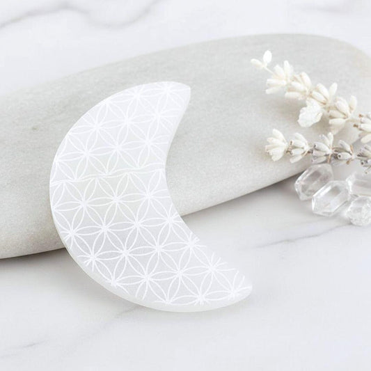 lune en selenite motif fleur de vie