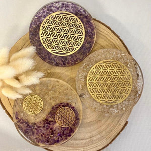 Disque orgonite, pierres et motif fleur de vie (purification / rechargement des pierres) purification [mes jolis cristaux]